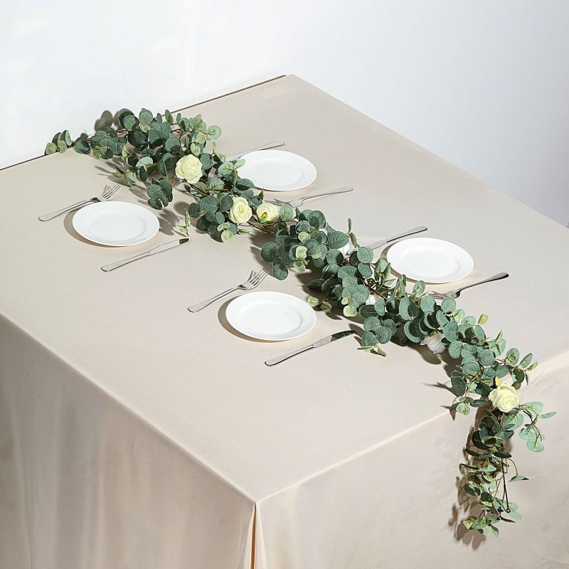 Photo 1 of 6FT Frosted Green Faux Eucalyptus Garland With Ivory Roses, Flower Garland Backdrop Decor