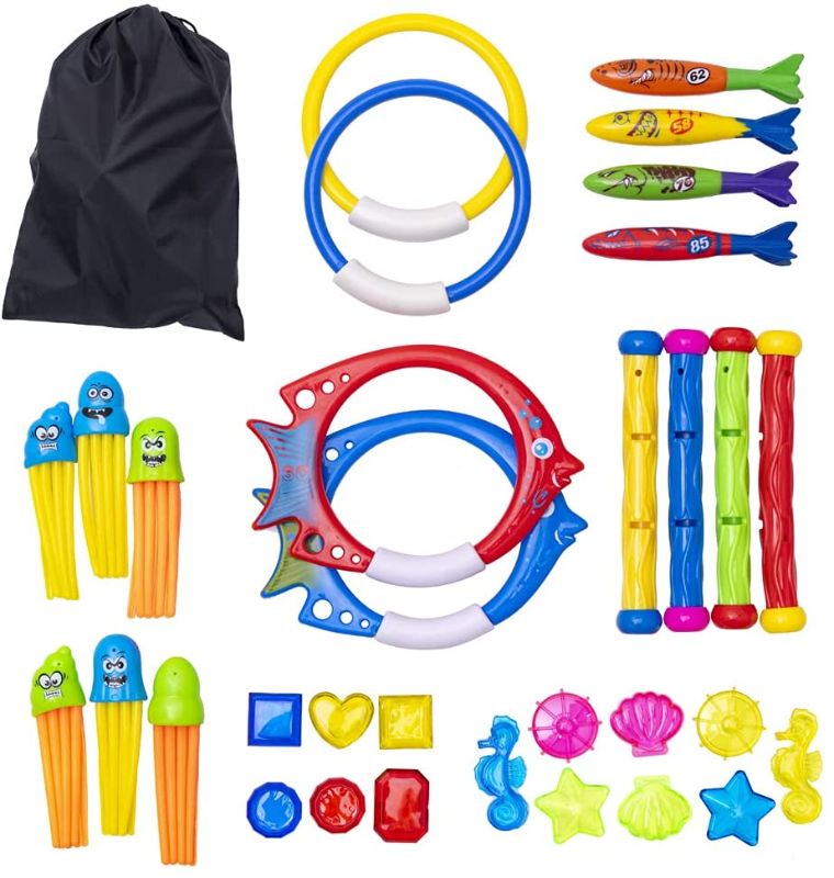 Photo 1 of Rainbow Kingdom 32 PCS Pool Diving Toys with Underwater Swimming Diving Pool Toy Rings, Diving Sticks, Toypedo Bandits and Many Other Diving Toys for Kids