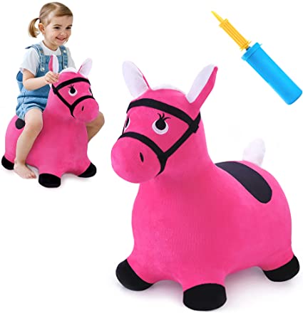 Photo 1 of iPlay, iLearn Bouncy Pals Pink Hopping Horse, Outdoors Ride on Bouncy Animal Play Toys, Inflatable Hopper Plush Covered with Pump, Activities Gift for 3, 4, 5 Age Year Old Kids Toddlers Boys Girls