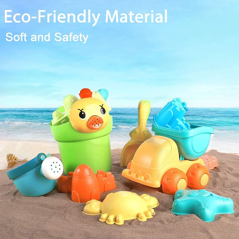 Photo 1 of CJC Kids Beach Sand Toys with Shovel, Bucket, Rake, Animal, Dump Truck, Duck Watering Can, Sand Castle Molds 