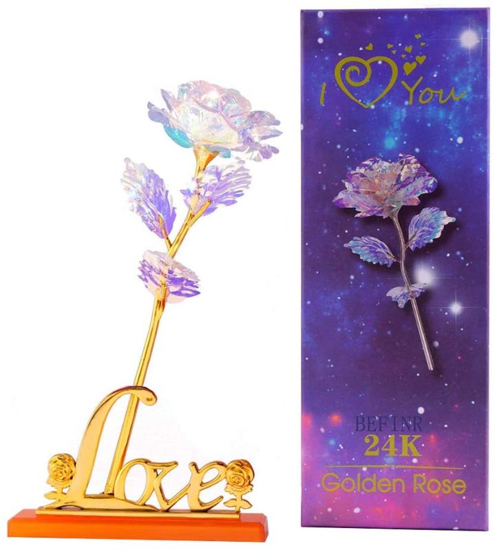 Photo 1 of 24K Galaxy Forever Rose Flower with Love Shape Base (Set of 2)