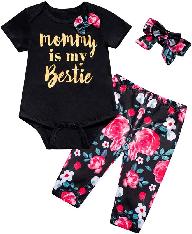 Photo 1 of Baby Girl Clothes Mommy Is My Bestie Outfit Set Floral Pants with Headband (6-12 months)