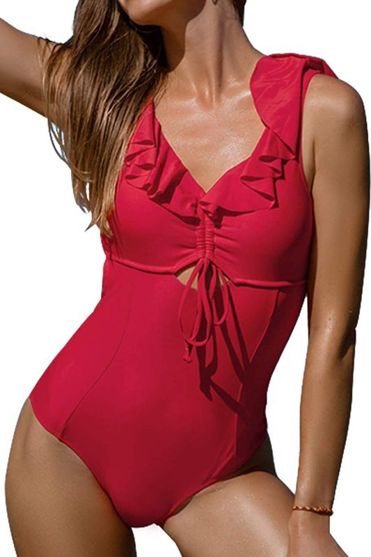 Photo 2 of CUPSHE Women's Ruby Red Ruffled Back Tie One Piece Swimsuit, Rose Gray, Small