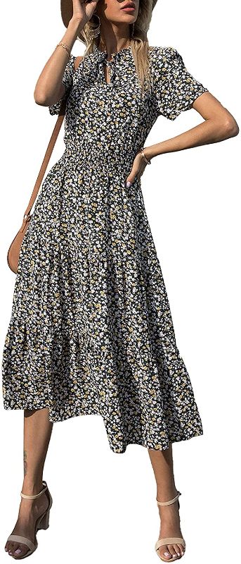 Photo 1 of BTFBM Women Boho Floral Print Casual Dress Summer Sexy Tie V Neck Short Sleeve Vintage Elastic A-Line Beach Midi Dresses, Floral Black, XL