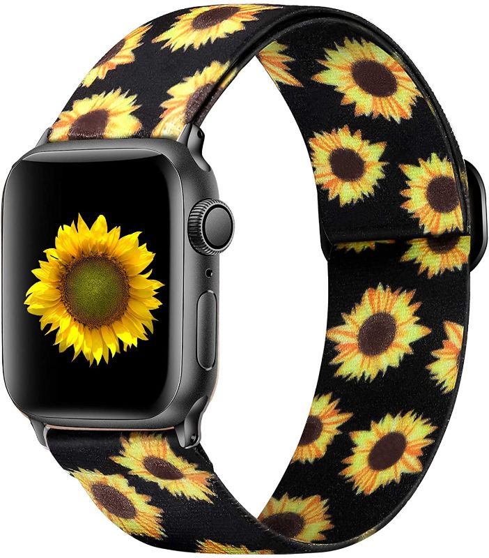 Photo 1 of Ouwegaga Compatible with Apple Watch Band 41mm 40mm 38mm iWatch SE and Series 7 6 5 4 3 2 1 Adjustable Elastic Fashion Cute Soft Stretchy Loop Woven Fabric Wristbands for Women Men Black Sunflower, Set of 2