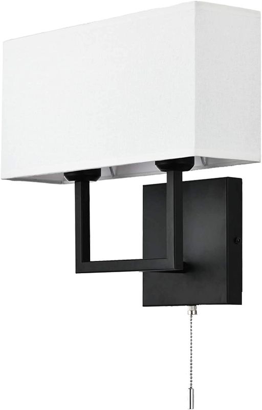 Photo 1 of Bedside Wall Lamp Light, SEEBLEN 2-Light Wall Lamp for Living Room, Black Metal Wall Sconces Light with White Fabric Shade, Modern Nightstand Lamps for Bedrooms Bedside Reading (Style B)