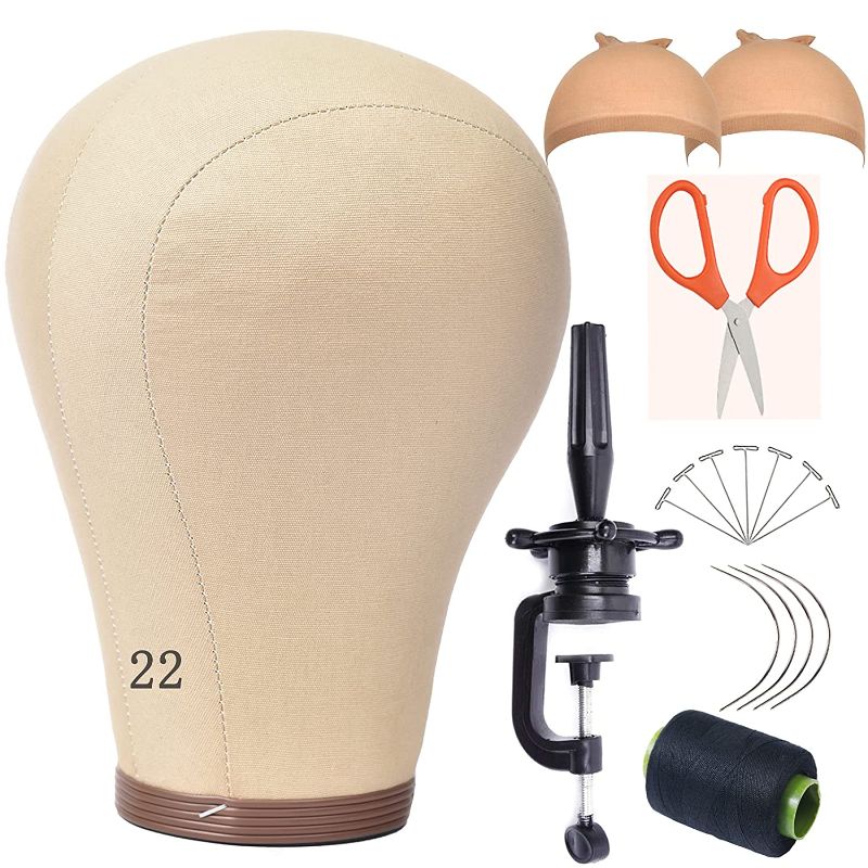 Photo 1 of 22 Inch Wig Head Cork Canvas Mannequin Head with Stand for Wigs Making With Mount Hole, HEAD ONLY/MISSING ACCESSORIES