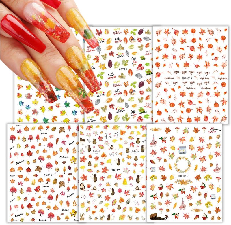 Photo 1 of 14 sheets fall nail art stickers thanksgiving autumn 3d maple leaves self-adhesive decals with 1 box maple leaf glitter sequins for nail art supplies women girls