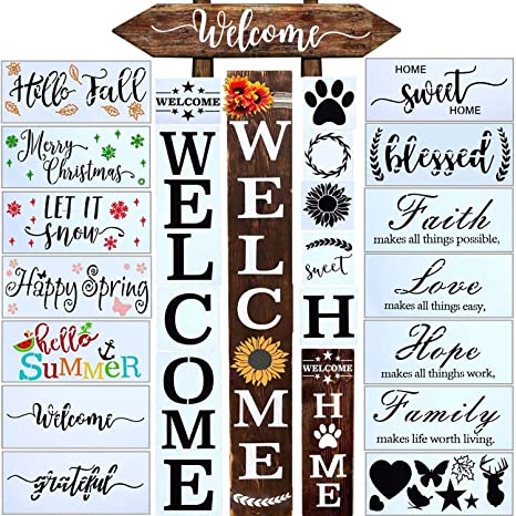 Photo 1 of 24 PCS Welcome Stencil for Painting on Wood,Home Sign Stencils Reusable Porch Sign and Front Door Vertical Welcome Comes with Stencil-Sunflower, Dog Paw Stencil and other Pattern