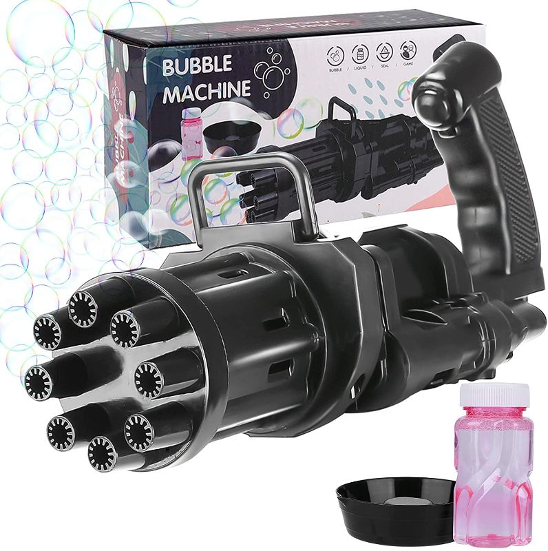 Photo 1 of Bubble Gun Gatling Bubble Machine 8-Hole Huge Amount Bubble Maker 2021 Cool Toys & Gift Outdoor Toys for Boys and Girl Bubble Gun for Summer Outdoor Activities (Including Bubble Solution)