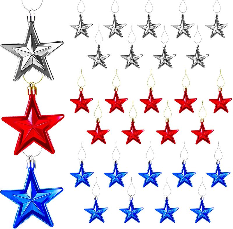 Photo 1 of 30 Pieces Independence Day Star Hanging Ornament 4th of July Patriotic Hanging Star Ornament for Indoor Outdoor Independence Day Labor Day Party Decor, 3 Colors