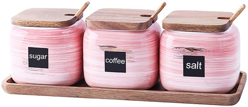 Photo 1 of 3 Pcs Porcelain Condiment Jar Sugar Bowls Ceramic Coffee Jar Set Ceramic Seasoning Jar with Lid Spoon and Tray / Food Storage Canister