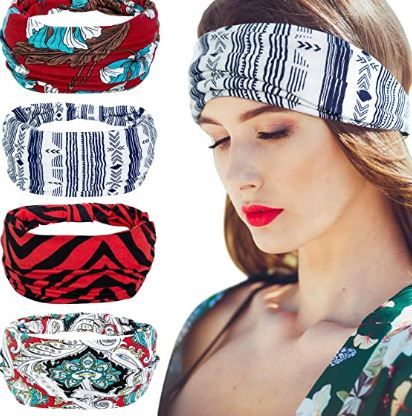 Photo 1 of  4 Pack Wide Headbands for Women, Elastic Head Bandana Hairbands Non Slip Print Knot Headwraps for Sports, Yoga, Running, Cycling