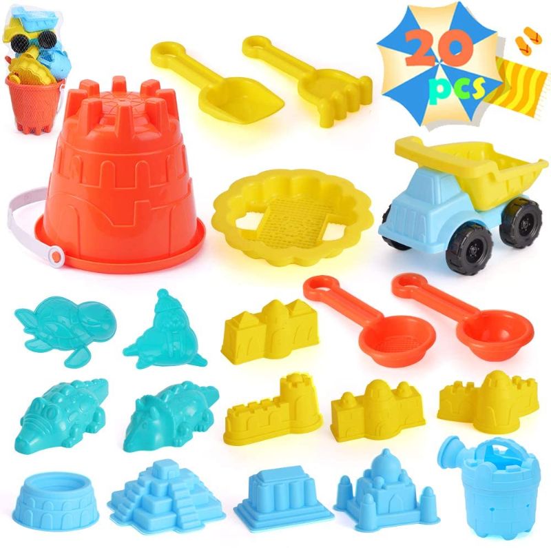 Photo 1 of 20Pcs Beach Sand Toys Set for Kids Includes Toy Dump Truck, Beach Bucket, Sieve, Watering Can, Shovel Tool Kits, Animal/Castle Models&Molds in A Mesh Bag for Age3+ Toddlers Outdoor Yard Play