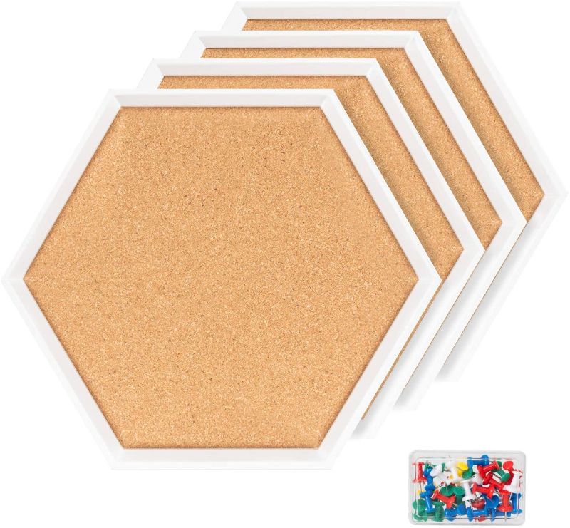 Photo 1 of 4 Packs Cork Boards Hexagon Shape with White Framed Bulletin Board Modern Decorative Cork Boards for School, Home,Office(Set Including 40 Push Pins,Hardware and Template) 10-12" WIDE
