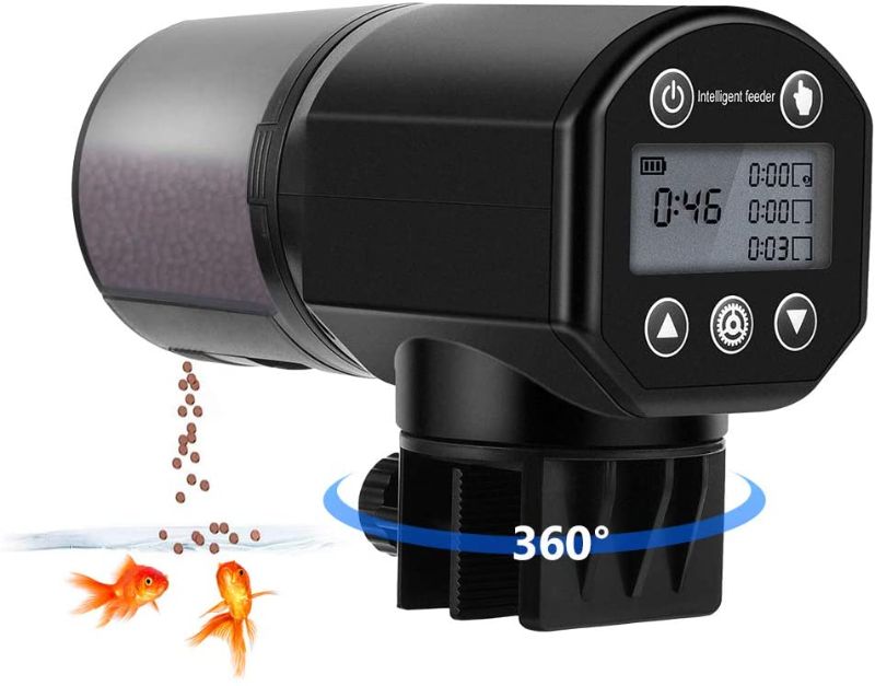 Photo 1 of Barkmew Automatic Fish Feeder, Moisture-Proof Electric Auto Fish Feeder for Aquarium or Fish Tank, Fish Food Vacation Feeder Timer Fish Food Dispenser, 200ML, Black