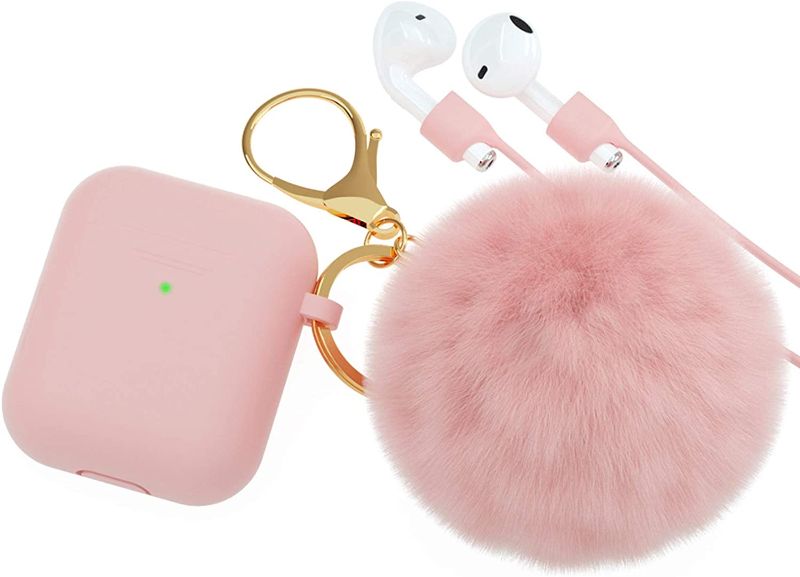 Photo 1 of AirPods Case,Soft Cute Silicone Cover for Apple Airpods 2 & 1 Cases with Pom Pom Fur Ball Keychain/Strap/Accessories for Women Girls (Front LED Visible) Light Pink
