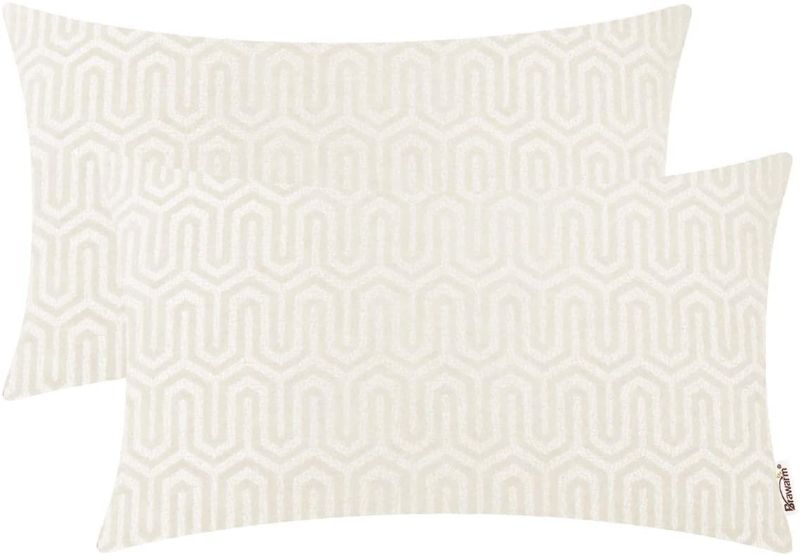 Photo 1 of  Pack of 2 Soft Jacquard Bloster Pillow Covers Cases for Couch Sofa Home Decoration Geometric Chevron Figure 12 X 20 Inches Cream