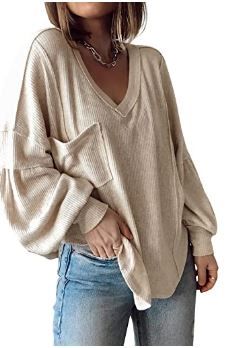Photo 1 of BTFBM Women's Casual V Neck Ribbed Knitted Shirts Pullover Tunic Tops Loose Balloon Sleeve Solid Color Blouses Top XLARGE 2PK
