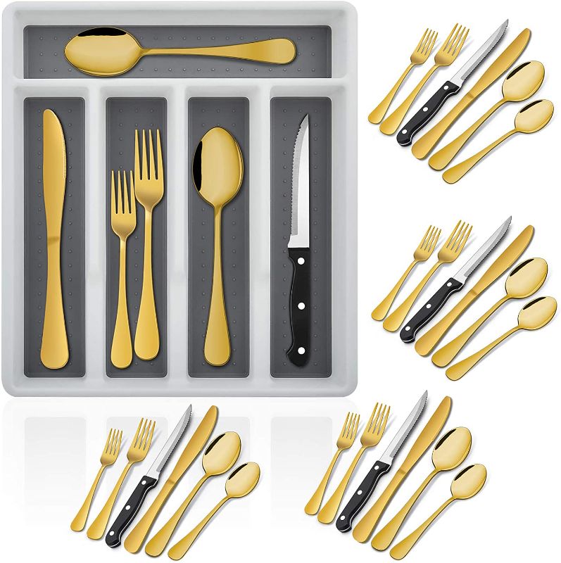 Photo 1 of 24-Piece Gold Silverware Set with Steak Knives and Organizer Tray, E-far Stainless Steel Flatware Cutlery Service for 4, Tableware Eating Utensils for Home Kitchen, Mirror Polished, Dishwasher Safe
MISSING STEAK KNIVES