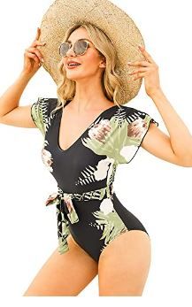 Photo 1 of Byinns Women's V-Neck One-Piece Swimsuit with Belt Floral Printed Bathing Suits Ruffle Sleeve Design Swimsuits Swimwear
