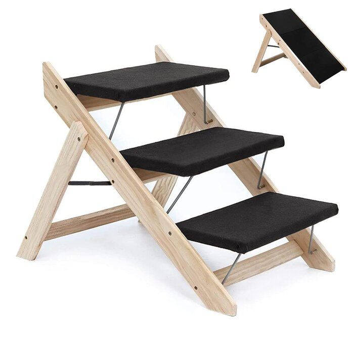 Photo 1 of Beige Wooden Foldable 2-In-1 Portable Pet Dog Cat Stairs Steps Ramp Ladder For Sofa Beds Cars Load Up To 100 Lbs Black Cloth
