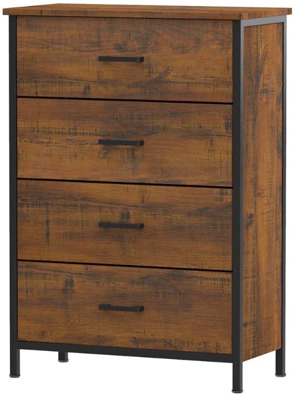 Photo 1 of 4 Drawer Dresser, Accent Storage Tower Clothes Organizer, Sturdy Steel & Wood Frame, Large Storage Cabinet for Bedroom, Hallway, Entryway - Walnut 