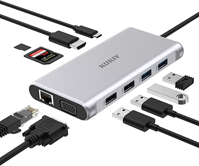 Photo 1 of KUKIY USB C Hub, 10 in 1 Type C Multiport Adapter with Ethernet, 4K HDMI,VGA,2 USB 3.0,2 USB 2.0,100W PD,USB-C Data Port and SD&TF Docking Station for MacBookPro/Air(Thunderbolt 3)