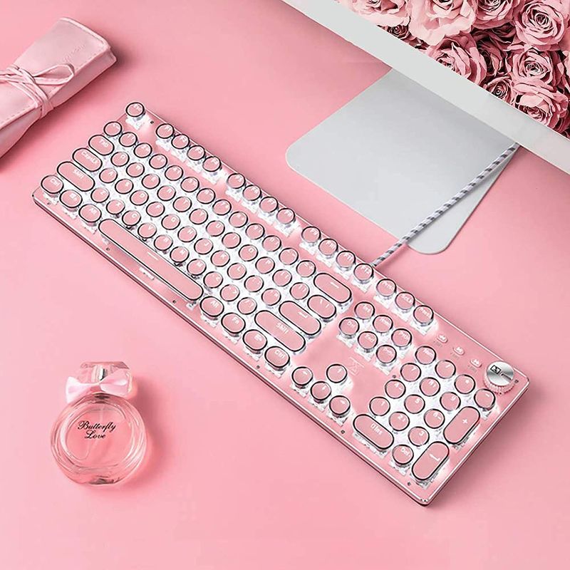 Photo 1 of Gaming Keyboard,Retro Punk Typewriter-Style, Blue Switches, White Backlight, USB Wired, for PC Laptop Desktop Computer, for Game and Office, Stylish Pink