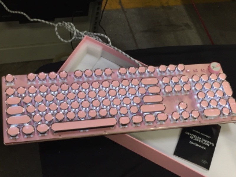 Photo 2 of Gaming Keyboard,Retro Punk Typewriter-Style, Blue Switches, White Backlight, USB Wired, for PC Laptop Desktop Computer, for Game and Office, Stylish Pink