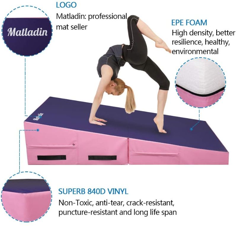 Photo 1 of 
Matladin Folding Gymnastics Cheese Wedge Incline Mat, Gym Fitness Tumbling Skill Shape Mat for Kids Girls Home Training Exercise
Size:55"x28"x14"
Color:Purple+Pink