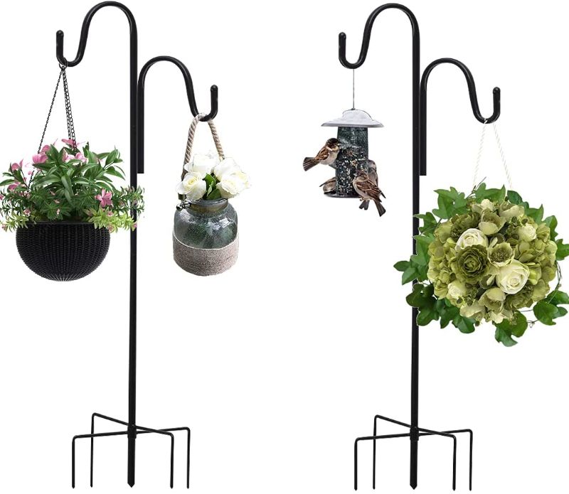 Photo 1 of 62 Inch Outdoor Shepherd Double Hook with 5 Prong Base, 3/5 in Thick for Hanging Bird Feeder, Plant Baskets, Solar Light Lanterns, Garden Plant Hanger Stands 2 Pack
