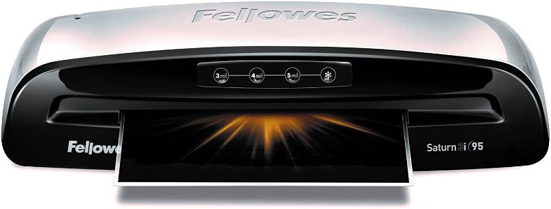 Photo 1 of Fellowes Laminator Saturn3i 95, 9.5 inch, Rapid 1 Minute Warm-up Laminating Machine, with Laminating Pouches Kit (5735805), Silver, Black (5735801)
