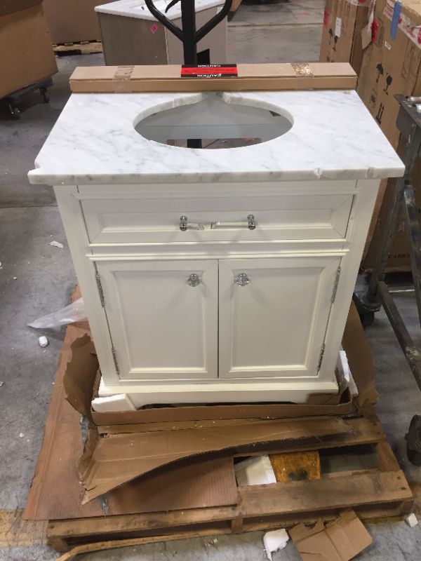 Photo 8 of 30 in. W x 22 in. D x 34 in. H Bath Vanity in White with Marble Vanity Top in Carrara White with White Basin
