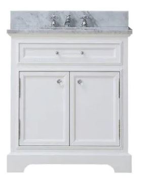 Photo 1 of 30 in. W x 22 in. D x 34 in. H Bath Vanity in White with Marble Vanity Top in Carrara White with White Basin
