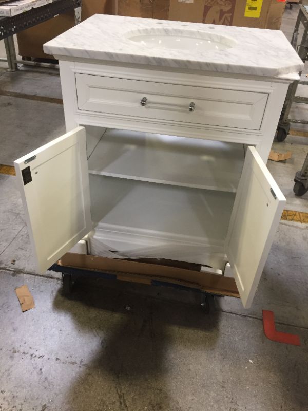 Photo 4 of 30 in. W x 22 in. D x 34 in. H Bath Vanity in White with Marble Vanity Top in Carrara White with White Basin
