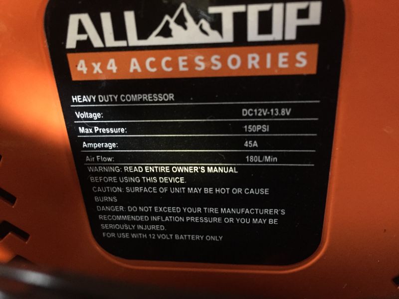 Photo 3 of ALL-TOP Heavy Duty Portable 12V Air Compressor Kit Inflate 180L (6.35Ft³)/Min Max 150PSI Metal Heat Dissipation ensures Duty Job for Pros Includes a 1680D Rugged Carry Bag for 4x4 Vehicle