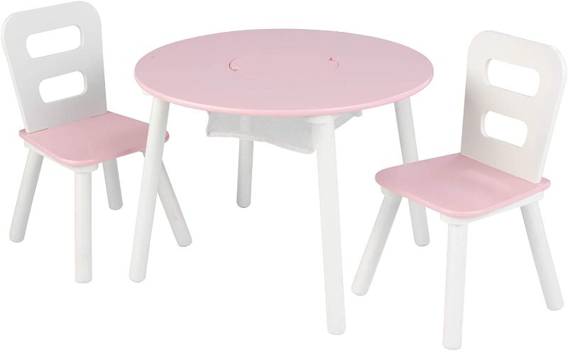 Photo 1 of KidKraft Wooden Round Table & 2 Chair Set with Center Mesh Storage - Pink & White, Gift for Ages 3-8

