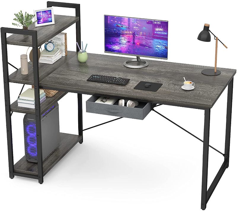 Photo 1 of Armocity Computer Desk with Storage Shelves 47 Inch Desk with Storage Drawers 2 Person Desk with Reversible Bookshelves Study Writing Table for Home Office Workstation Bedroom Small Space, Oak
