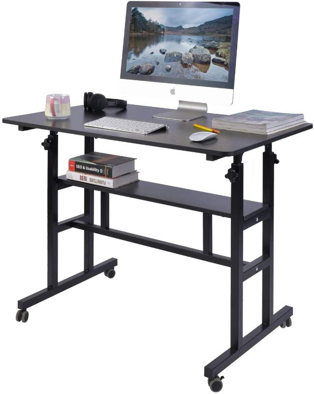 Photo 1 of AIZ Mobile Standing Desk, Adjustable Computer Desk Rolling Laptop Cart on Wheels Home Office Computer Workstation, Portable Laptop Stand Tall Table for Standing or Sitting, Black, 39.4" x 23.6"
