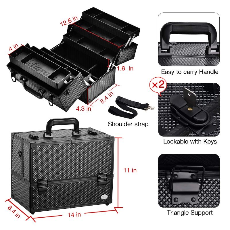 Photo 1 of Makeup Train Case Professional Adjustable - 6 Trays Cosmetic Cases Makeup Storage Organizer Box with Lock and Compartments 14 Inch Large Black
