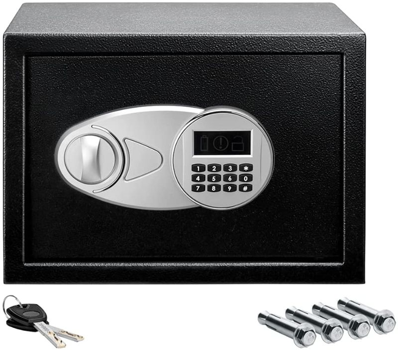 Photo 1 of Amazon Basics Safe and Lock Box, Digital Electronic Security Keypad, Personal Safe and Black Safe Box for Home Office and Travel Business Use, 0.5 Cubic Feet,13.8 x 9.8 x 9.8 Inches
