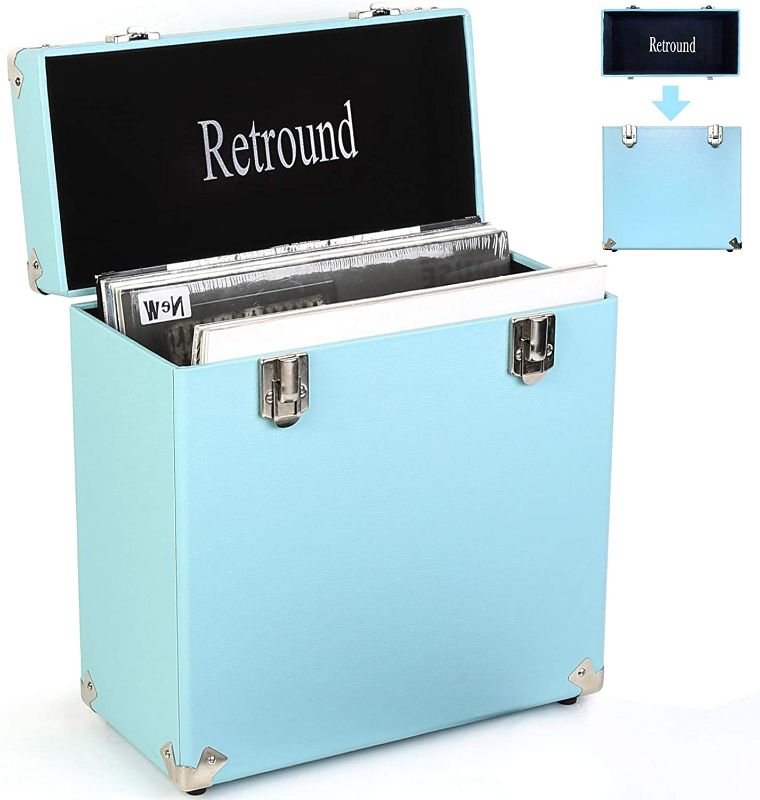 Photo 1 of Retround Vintage Retro Vinyl Leather Record Holder Case, LP Storage Carrying Case for 78 RPM, 45 RPM, 33 RPM Standard Vinyl Records Collections Storage Organizer Display Box-12 Inch (Blue)
