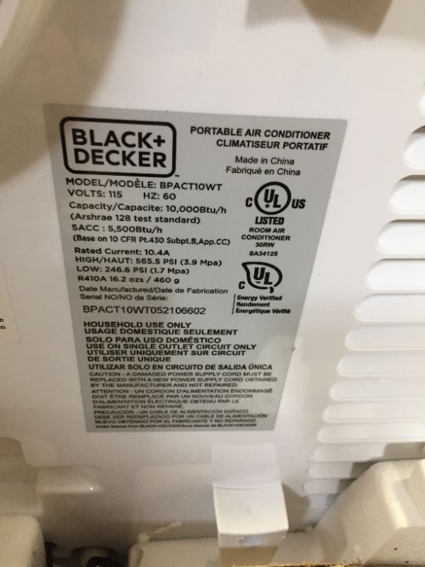 Photo 7 of Black+decker BPACT10WT 10,000 BTU Portable Air Conditioner with Remote