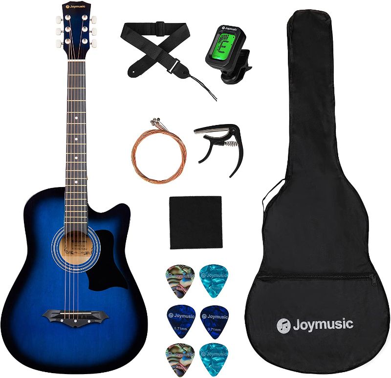 Photo 1 of Joymusic 6 String 38" Acoustic Guitar Kit,Blueburst,Gloss (JG-38C,BLS), Right----first string popped off
