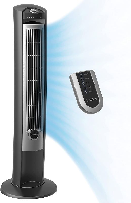 Photo 1 of Lasko Portable Electric 42" Oscillating Tower Fan with Nighttime Setting, Timer and Remote Control for Indoor, Bedroom and Home Office Use, Silver T42951
