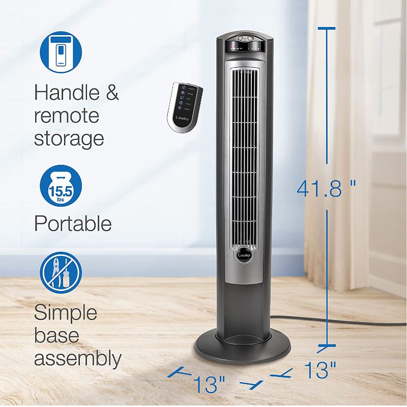 Photo 2 of Lasko Portable Electric 42" Oscillating Tower Fan with Nighttime Setting, Timer and Remote Control for Indoor, Bedroom and Home Office Use, Silver T42951
