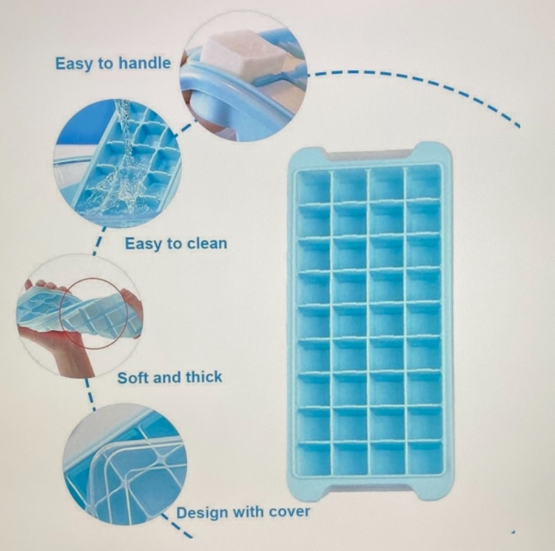 Photo 1 of 2 Pcs Ice Cube Trays, Silicone Ice Cube Molds with Lid, Easy Release, for Chilled Drinks, Whiskey, Cocktail, Food, Reusable, BPA Free, Soft Mold Dishwasher Safe,Blue (36 Cavity)