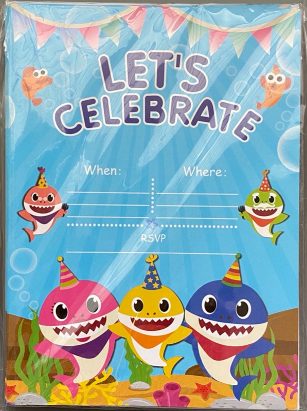 Photo 1 of 12 Pack Baby Shark Invitations with Sticker Seals