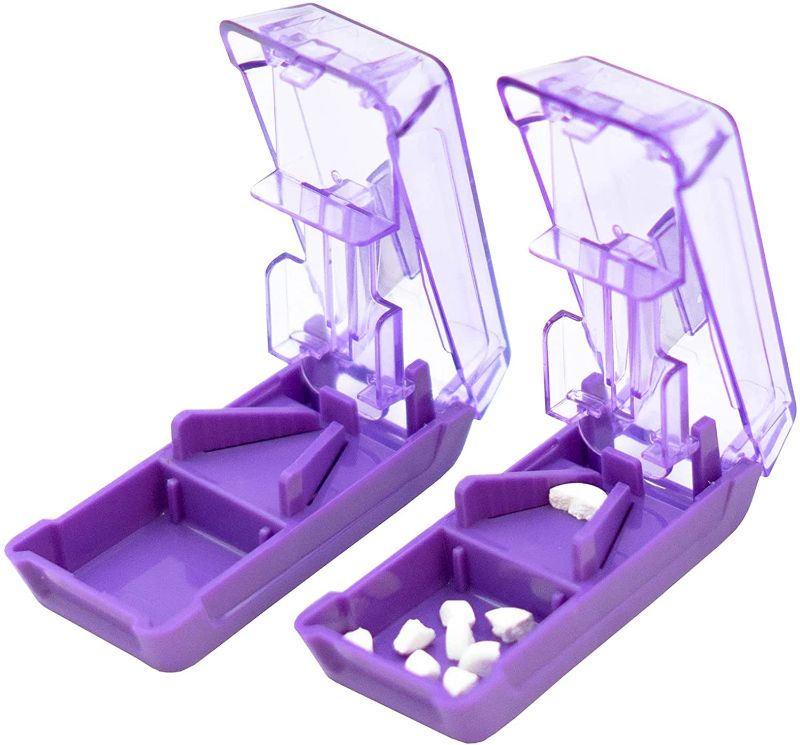 Photo 1 of 2PCS Pill Cutter - Pill Splitter with Safety Blade Guard for Cutting Small Pills or Large Pills in Half,Easy Cut Pills for Tablet Vitamin and Big Medicine (Purple)